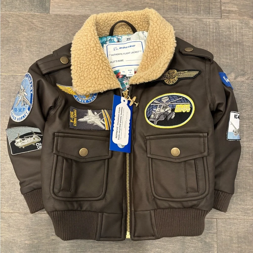 Kids Brown Aviator Patch Jacket -